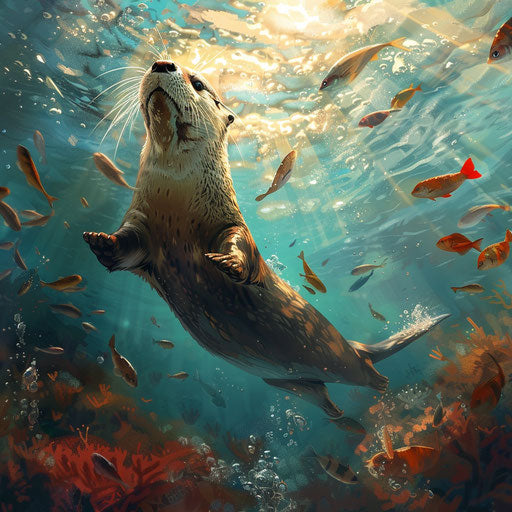 A captivating underwater view of an otter swimming gracefully with fish