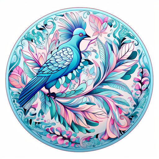 Tiled leaf with bird on white background in blue green pink