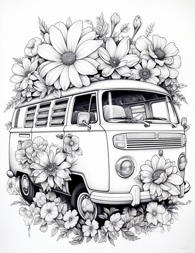 Van full of flowers, modern and detailed drawing
