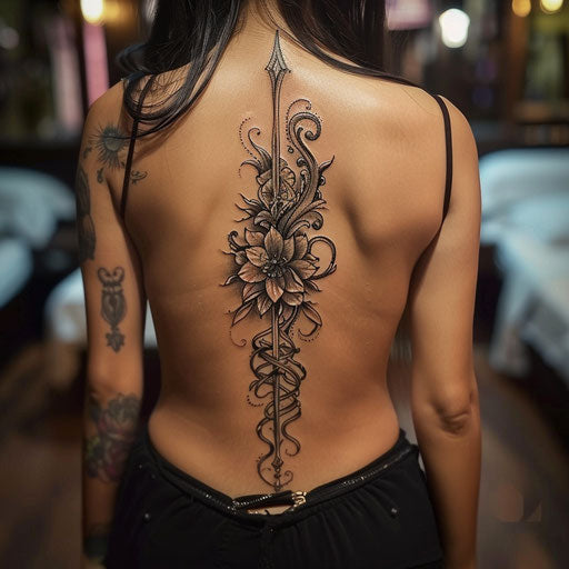 Fantasy-themed spine tattoo for women