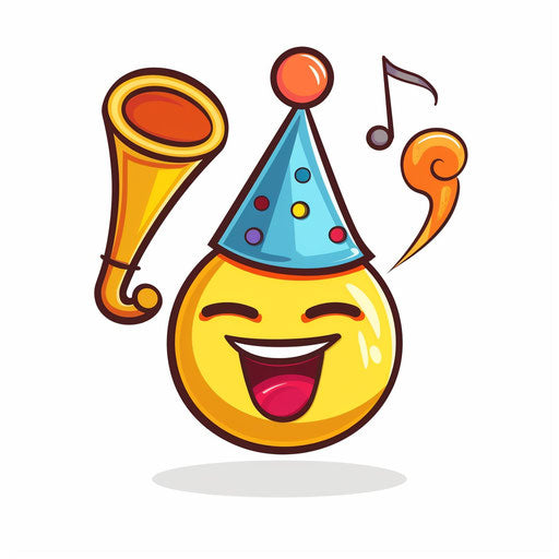 Emoji with Party Hat and Blowing Horn, White Background