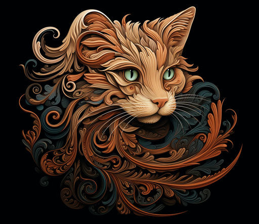 Long haired cat on black background, in light brown and maroon style, elaborate details