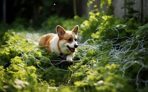 Dog running in grass with a leash