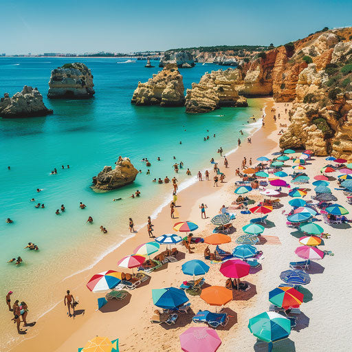 Colorful beach with umbrellas and vibrant shoreline