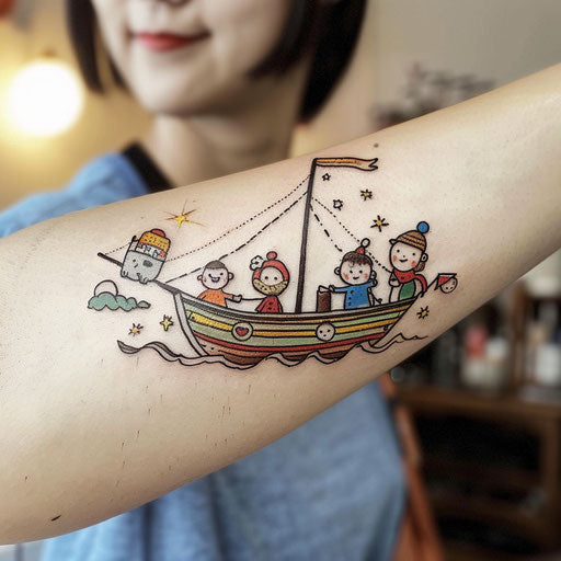 Charming flat tattoo sketch of a cartoonish boat with cheerful characters aboard