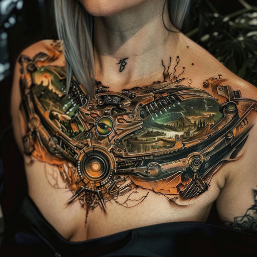 Futuristic chest tattoo for women with alien landscapes and advanced technology