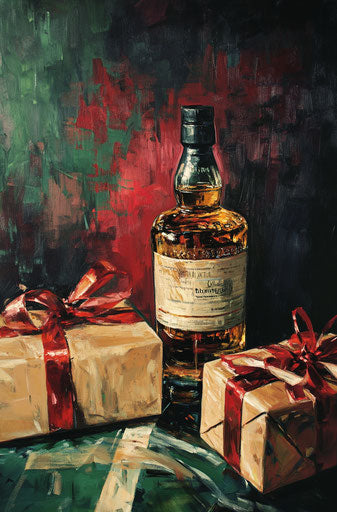 Whisky bottle next to wrapped gifts