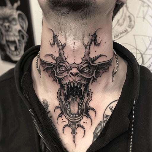 Neck tattoo for men with eerie demonic faces