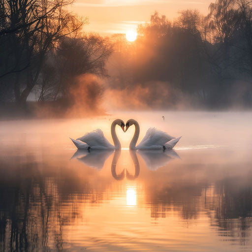 Two swans in heart shape on tranquil lake at twilight