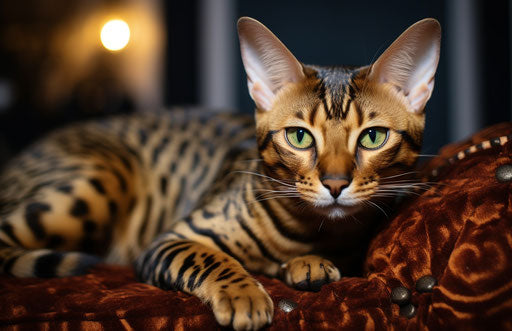 The Bengal cat, a house cat, lying on a couch, in the style of exaggerated facial features, dark brown and gold, dark orange and brown, ethical concerns, primitivist frenzy 17:11