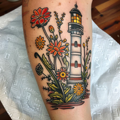 Wildflower tattoo with lighthouse, nautical theme, bright colors, guiding light