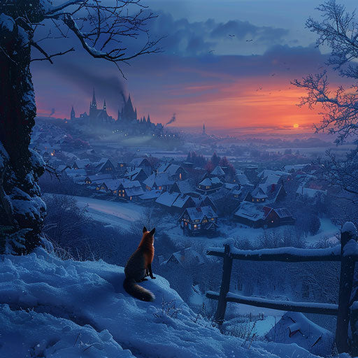 Lonely fox overseeing snow-covered village at dawn