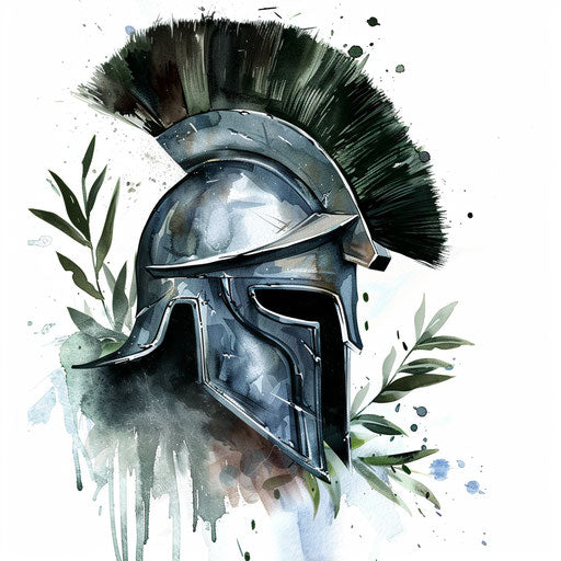 Elegant Spartan helmet with olive leaves, watercolor on white background