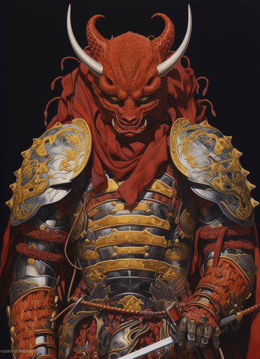 Warrior in armor holding two swords, dark red and gold style