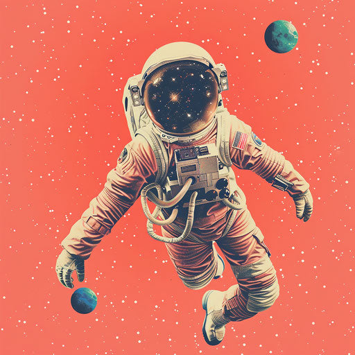 Realistic space clipart on a flat, vibrant coral background