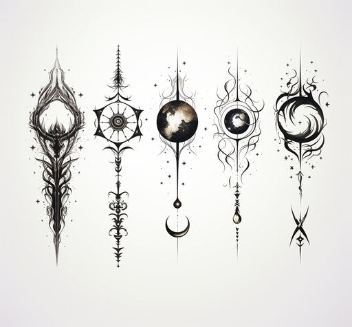 Four tattoo designs in wiccan and hurufiyya style