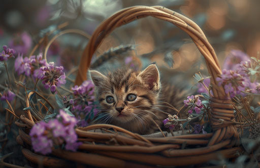 Basket with a small kitten and a purple flower