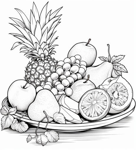 Fruit coloring page in July, cheese-style, bright colorful objects juxtaposition