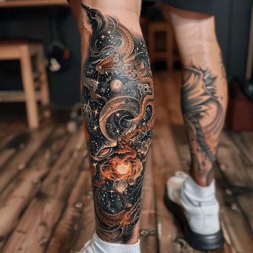Surreal cosmic leg tattoo for men with mythical creatures