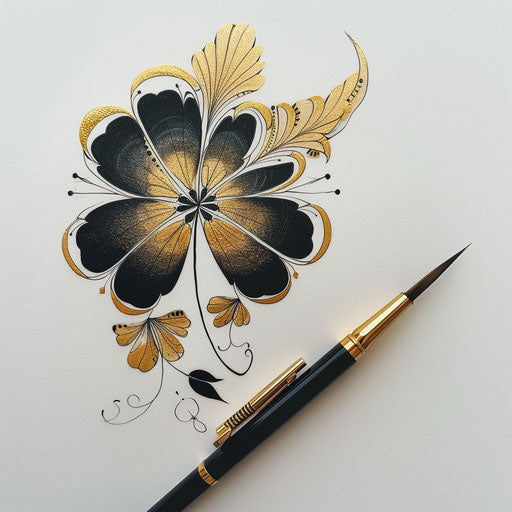 Chic sketch of a four-leaf clover with art deco elements in black and gold
