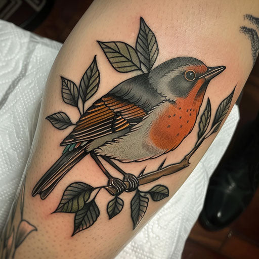 Flat tattoo sketch of a robin with bold, stencil-style and striking color blocks