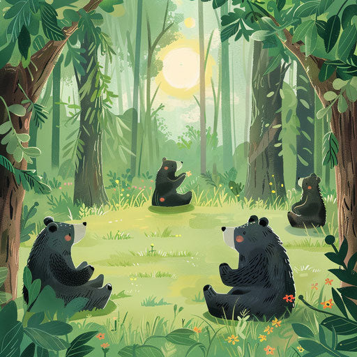 Bears practicing yoga in a serene forest clearing