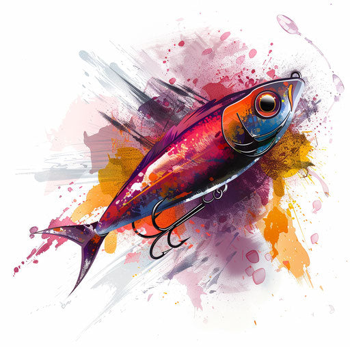 Artistic illustration of a fishing lure, with vibrant colors and realistic details, on white background.