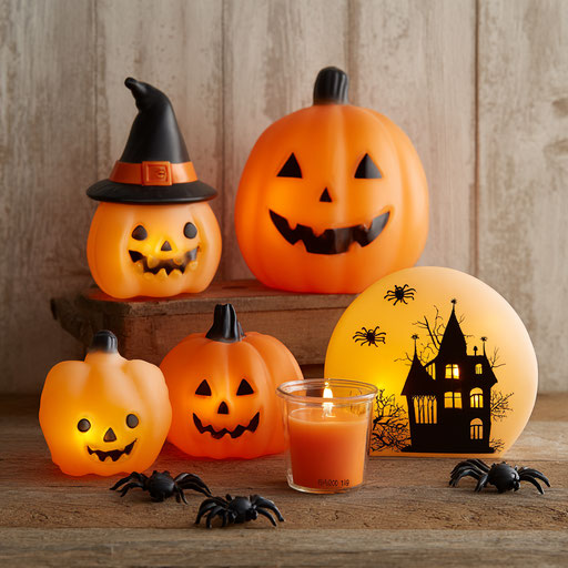 Halloween Decorations on a Wooden Surface