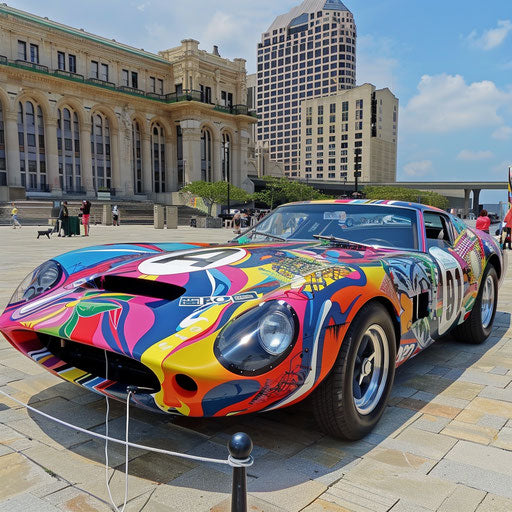 Shelby Daytona art car, covered in vibrant hand-painted mural, on display at art festival