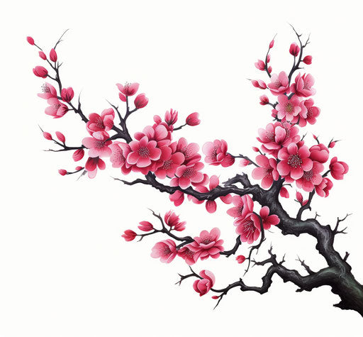 Stylized branch with pink flowers on white background