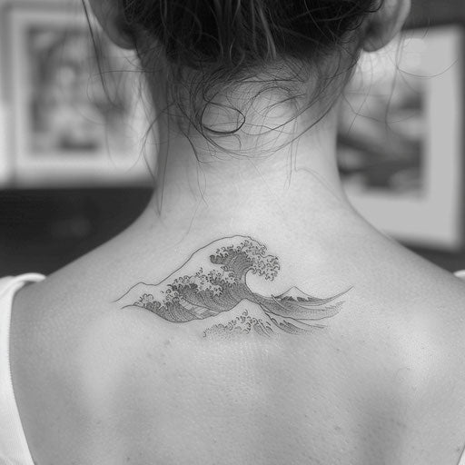 Minimalist wave back neck tattoo, Steve Sack style