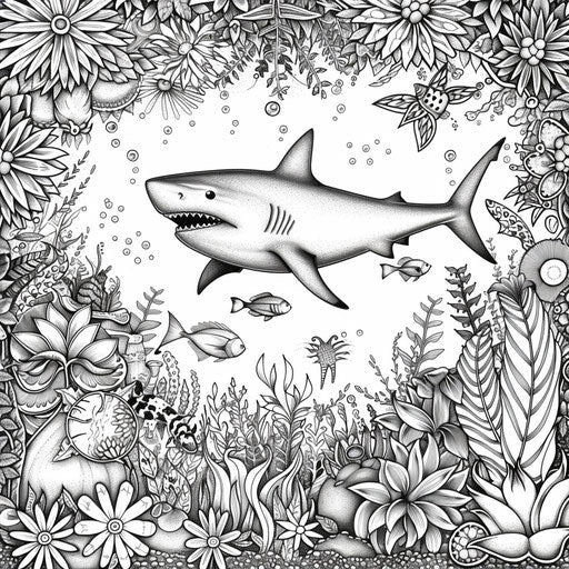 Detailed shark in underwater garden, Johanna Basford coloring book style