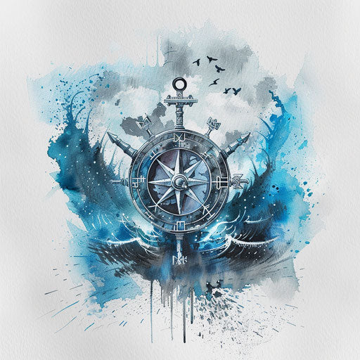 Viking compass surrounded by Norse runes on stormy sea