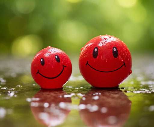 Two smiling red balls with bokeh background, groovy and naïve style