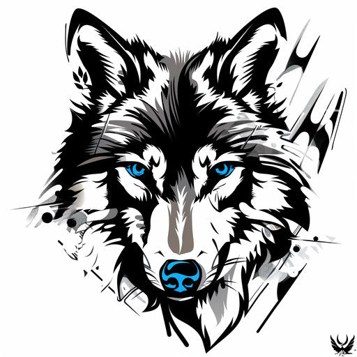 Minimalist tattoo sketch of a Russian wolf in clipart style with a touch of blue