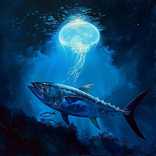 Yellowfin tuna highlighted by jellyfish in moonlit underwater scene