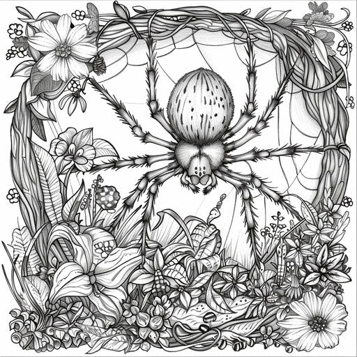 Black widow spider in a magical forest with enchanted elements