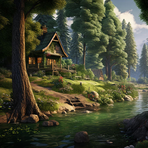 Wooden house near a tree in a green forest