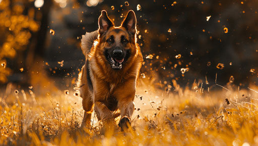German shepherd running in grass, light navy and light amber style