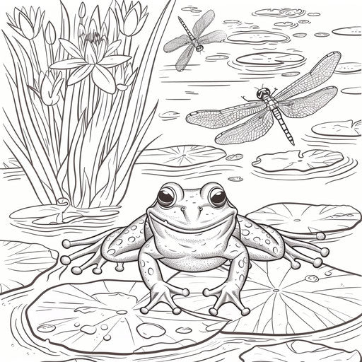 Happy frog on a lily pad with dragonflies. Coloring book page