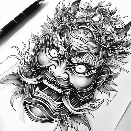 Detailed oni mask tattoo design, traditional Japanese style