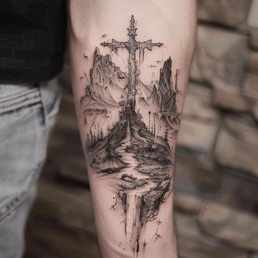 Epic religious pilgrimage cross tattoo for men