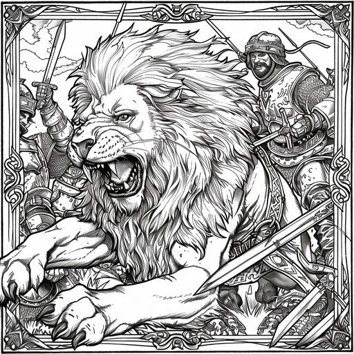 Lion with warriors in a medieval battle in the style of Mark Schultz Coloring book page