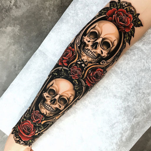 Traditional tattoo sleeve of skulls and roses with gothic detail