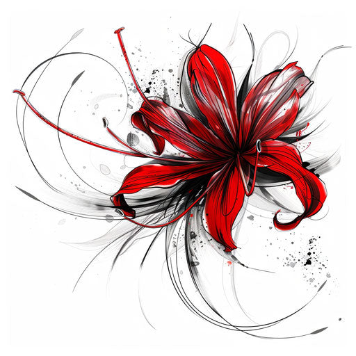 Elegant tattoo sketch of a red spider lily with detailed stamen and petals, in a monochrome black style