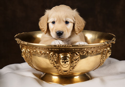 Golden retriever puppies sitting in a bowl, dark white and gold style 500-1000 CE