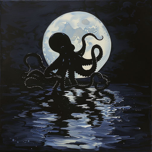 Octopus silhouetted under moonlight