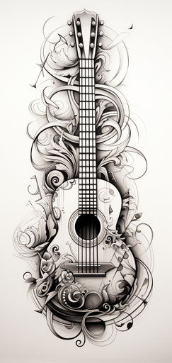 guitar with musical notes, furaffinity style, tattoo, mckadesinsanity