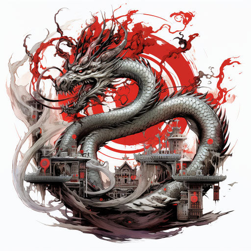 Surreal cyberpunk dragon tattoo, light gray and red