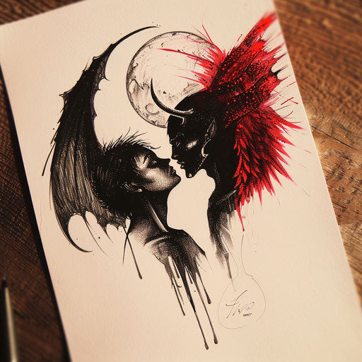 Intriguing flat tattoo sketch of a devil whispering into an angel's ear, silhouette style, dramatic black and red